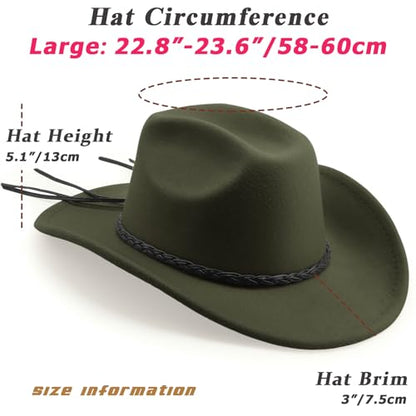 DRESHOW Western Cowboy Hat for Men Women Cowboy Cowgirl Hat Outdoor Wide Brim Retro Felt Fedora Hats Unisex Rolled up Caps - color: 1 Pack Style 9: Army Green With Braided Band