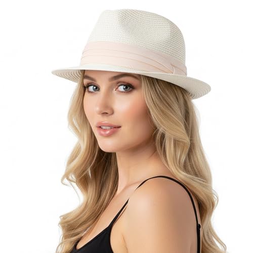 Straw Sun Hat for Men Women Short Brim Beach Trilby Hat UPF 50+ - color: Cream White