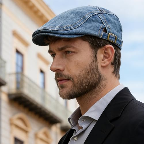 Mens Denim Newsboy Cap Ivy Gatsby Hunting Cabbie Driving Hats - color: A-dark Blue