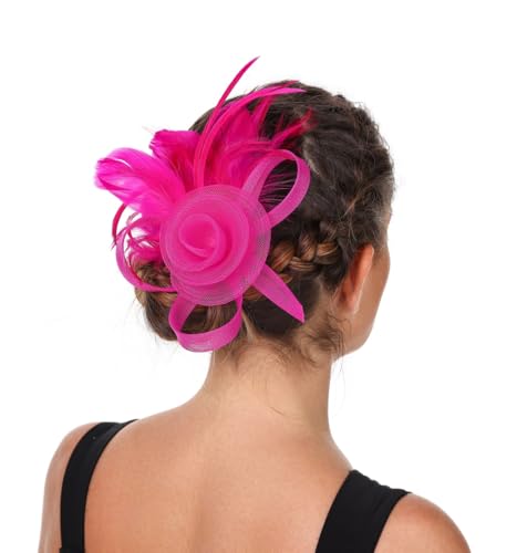 SAFERIN Women's Fascinators Feathers Tea Party Hat Veil Headband with Hair Clip for Cocktail Church - color: M-rose Red