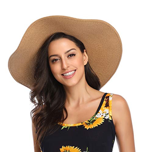 Lanzom Womens Wide Brim Straw Hat Big Floppy Foldable Roll up Cap Beach Sun Hat UPF 50+ - color: String-khaki