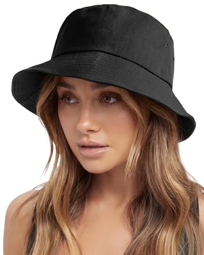 FURTALK Bucket Hats for Women Washed Cotton Packable Summer Beach Sun Hats Bucket Hat with Strings for Travel - color: Black