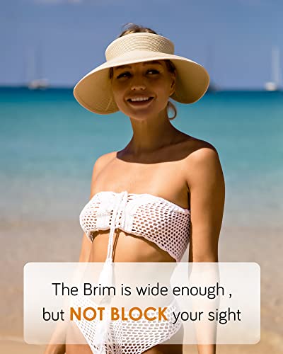 FURTALK Womens Sun Hat with Ponytail Hole Wide Brim Beach Straw Visor - color: Beige