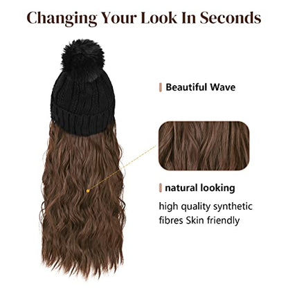 Flufymooz FLmaozi Beanie Wig Hat, Long Wavy Curly Black Hairpiece with Faux Fur Pom, 20 Inch Synthetic Hair for Women Girls Winter (Brown with Medium Auburn) - color: Black Hat-medium Brown With Medium Auburn, size: 20 Inch
