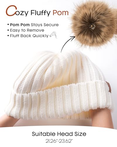 FURTALK Womens Winter Knitted Beanie Hat with Faux Fur Pom Warm Knit Skull Cap Beanie for Women - color: White