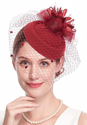 Fascinator Hats for Women 20s 50s Vintage Pillbox Hat Kentucky Derby Fascinators Flower Veil Wedding Tea Party Hat - color: 1-burgundy