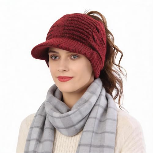 Women's BeanieTail Warm Knit Hat Messy High Bun Ponytail Visor Beanie Cap - color: B340-burgundy, size: Medium