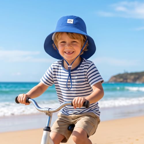 Kids Sun Hat Smile Face Bucket Hat Toddler Hat Wide Brim Adjustable Strap - color: Blue+pink, size: 3-8T