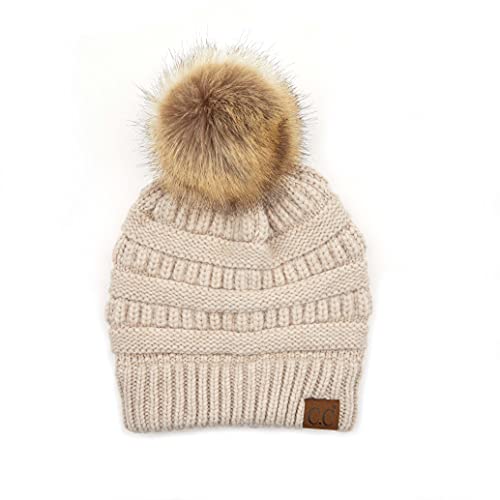 C.C Fur Pom Winter Fall Trendy Chunky Stretchy Cable Knit Beanie Hat - color: Snuggly Soft Beige Mix