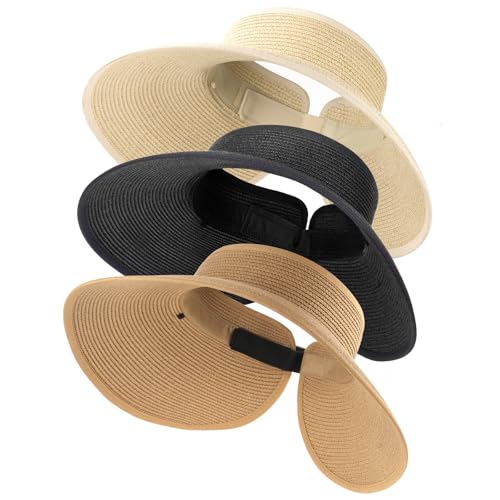 FURTALK Sun Hats for Women Wide Brim Ponytail Straw Visor Foldable Beach - color: Khaki+black+mix Beige