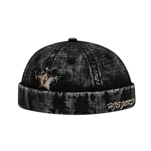 Unisex Washed Denim Distressed Rolled Cuff Brimless Docker Cap - color: Star-black