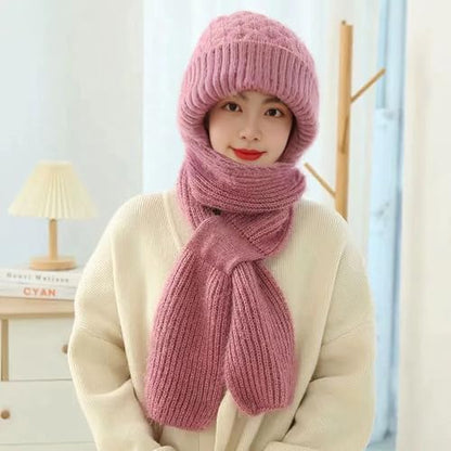 Women Winter Warm Elastic Soft Ear Protection Knitted Scarf Hat Fleece Lined Beanie Hat - color: Pink