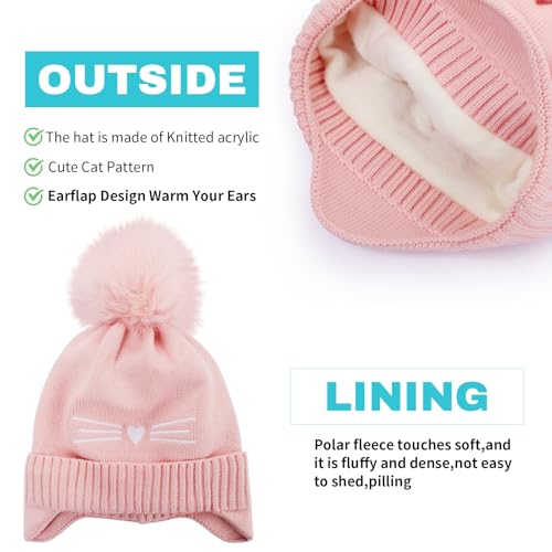 Girls Beanie Knit Hat with Ear Flaps Rainbow Cat Hats Toddler Kids Winter Outdoor Skull Snow Ski Cap Age 2-10 - color: Pink, size: 5-10 Years