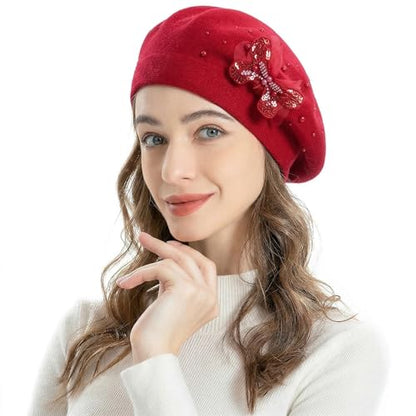 ZLYC Women French Beret Hat Reversible Solid Color Mosaic Warm Artist Cap - color: Butterfly Red