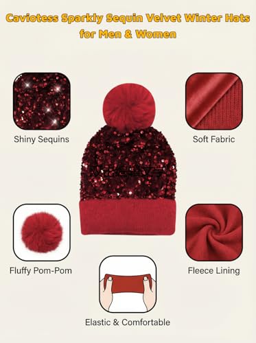 Women Sparkly Sequins Knitted Beanie Hat Warm Winter Skull Cap with Faux Fur Pom Pom - color: Red