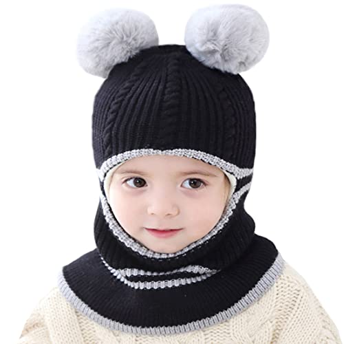 Toddler Winter Hat Baby Balaclava 2 in 1,Fleece Lined Knitted Beanie with Face Mask, Ear Flaps & Pom Pom for Boys Girls - color: Bear-black