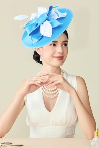 BABEYOND Derby Hats for Women Wide Brim Flower Feather Tea Party Fascinator - color: Sky Blue