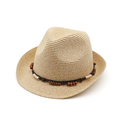Straw Fedora Hat Panama Hats Mens Beach Hat Derby Hat Packable Trilby - color: Natural-wooden Bead, size: Large