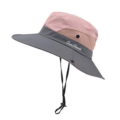 Womens Sun-Hat Outdoor Protection Foldable Beach-Bucket-Hat Ponytail-Hole - color: Pink