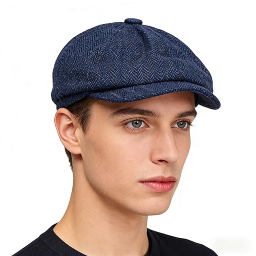 Gatsby Newsboy Hat Men Women Classic Herringbone 8 Panel Trendy Tweeb Flat Cap - color: Navy Blue