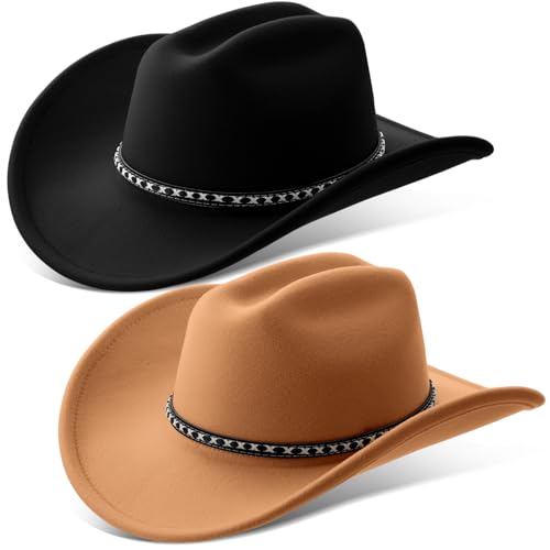 Chicingyou 2 Pcs Western Cowboy Hats for Women and Men Classic Wide Brim Felt Hats for Cowboys and Cowgirls Accessories - color: Black, Camel