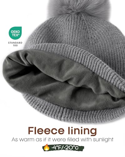 FURTALK Pom Pom Winter Hats for Women Fleece Lined Slouchy Warm Beanie Skull Cap - color: Gray