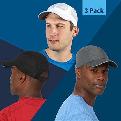 TrailHeads Men's Race Day Running Hat, Quick Dry, Moisture Wicking - color: White Charcoal & Black 3-pack