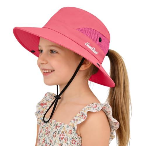 ZOORON Kids Girls Ponytail Sun Hat UPF 50+ Breathable Mesh Water-Resistant - color: Solid Watermelon Red