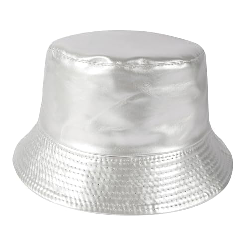 MILAKOO Pu Leather Bucket Hat for Unisex Reversible Fishing Cap Metallic Retro 80s 90s Fisherman Hat - color: C: Silver