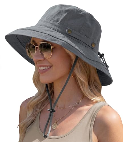 Sun Hats for Women, Wide Brim Beach Hat, Linen Cotton, UPF 50+, Breathable Packable, Gardening Hiking Travel - color: Dark Grey