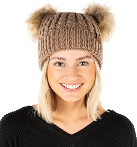 Funky Junque Women’s Double Pom Pom Beanie – Soft Knit Winter Hat for Women & Teens, Warm Cuffed Beanie with Faux Fur Poms - color: Taupe/Natural Faux Fur, size: Small-X-Large