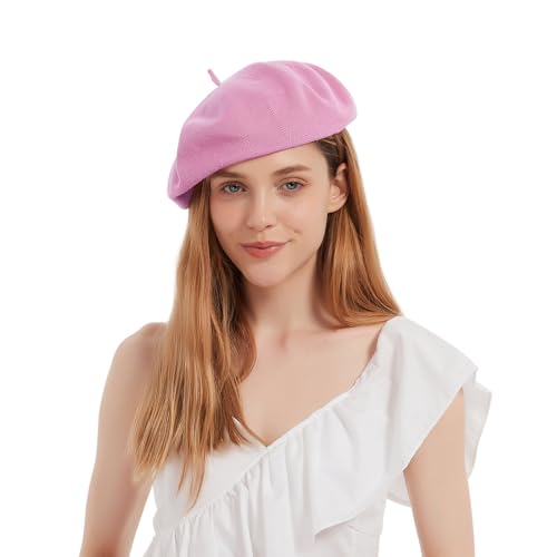Cotton French Beret Hat Summer Knitted Soft Thin Beret Hat Slouchy Loose Painters Hat Solid Color for Women - color: Pink