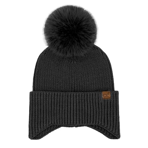 C.C Sequin Pom Beanie for Women - Acrylic Stretchable Soft Warm Knit Winter Skully Hat with Yarn Pom - color: Earflap-black