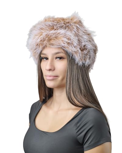 DLNYC Women’s Faux Leather Winter Hat with Faux Fur Trim, Soft Lined Cap with Hanging Cords & Pom-Poms, Warm Stylish Hat - color: Camel & Crystal