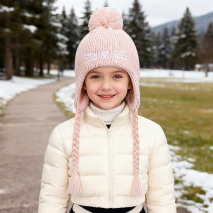 Girls Winter Hat Gloves Set, Kids Cat Embroidered Knit Beanie with Earflaps - color: Pink