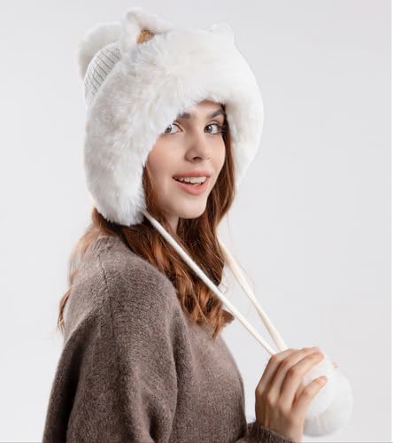 Outdoor Warm Earflap Beanie Hat with Brim Baseball Slouchy Knitted Visor Skull Caps for Women Men Black - color: White