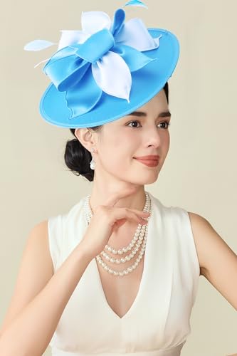 BABEYOND Derby Hats for Women Wide Brim Flower Feather Tea Party Fascinator - color: Sky Blue