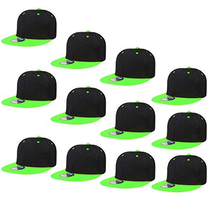 Falari Wholesale 12 Pack Snapback Hat Cap Hip Hop Style Flat Bill Blank Solid Color Adjustable Size - color: 12-pack Black/Green
