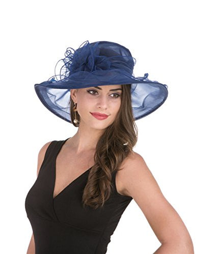 Haojing Women's Organza Church British Fascinator Bridal Tea Party Wedding Hat Summer Ruffles Cap - color: Hjh-navy Blue Flower