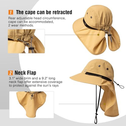 TOP-EX Oversized UPF50+ Sun Hat for Big Heads with Neck Flap & Wide Brim - color: Khaki, size: Medium-Large