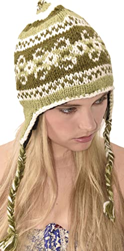 Hand Knitted 100% Merino Wool Ear Flap Snowboard Ski Chullo Peruvian Style Nepal Himalayan Sherpa Earflap Fleece Lined Winter Beanie Hat Green