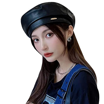 Women Classic PU Leather French Beret Beanie Hat Pumpkin Cap - color: Black 2#