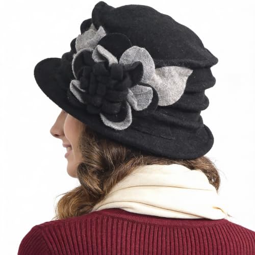 Vintage Women Floral Wool Dress Cloche Winter Hat 1920s - color: C020-d-black