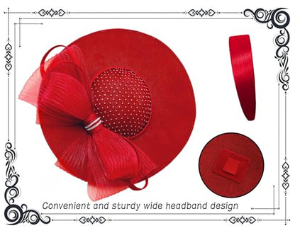 dressfan Wide Brim Fascinator Hats for Women,20s Linen Rhinestones Bow Big Hat for Derby Church Wedding Tea Party - color: Red
