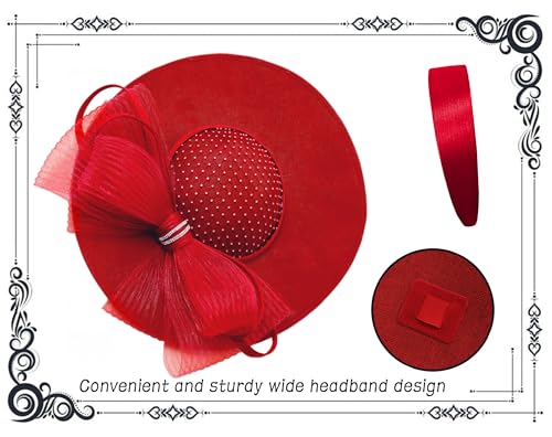 dressfan Wide Brim Fascinator Hats for Women,20s Linen Rhinestones Bow Big Hat for Derby Church Wedding Tea Party - color: Red