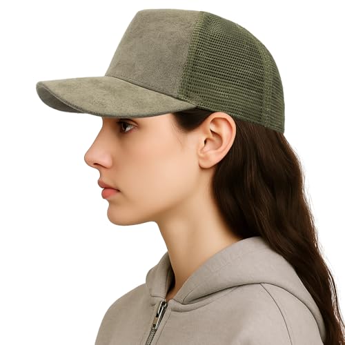 TopTie Suede Mesh Baseball Cap, Breathable Snapback Trucker Cap, 5-Panel Unisex Adjustable Sports Hat for Outdoor - color: Olive Green