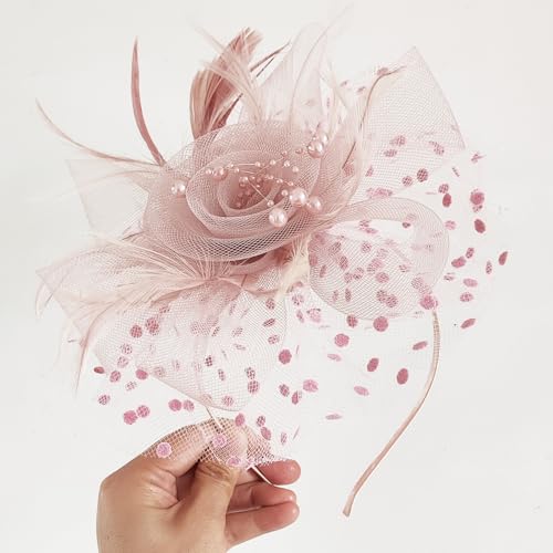 WLBON Fascinators Hat 20s 50s Headband Hair Clips Flower Mesh Veil Feather Headpiece Headwear Women Halloween Carnival Cocktail Wedding Church Cosplay Dress Up Birthday Tea Party Accessories Pink - color: Light Pink