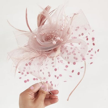 WLBON Fascinators Hat 20s 50s Headband Hair Clips Flower Mesh Veil Feather Headpiece Headwear Women Halloween Carnival Cocktail Wedding Church Cosplay Dress Up Birthday Tea Party Accessories Pink - color: Light Pink
