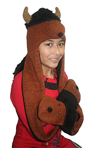 Agan Traders Animal Hat Cap Wool Fleece Lined Trapper Beanie Multi-Functional Set Girls Boys Adult - color: Combo-buffalo