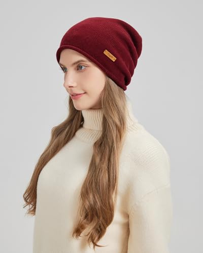 100% Merino Wool Slouchy Beanie Hat, Women Warm Winter Caps Soft, Ladies Breathable & Cozy Stretchy Knitted Skull Cap - color: Deep Red